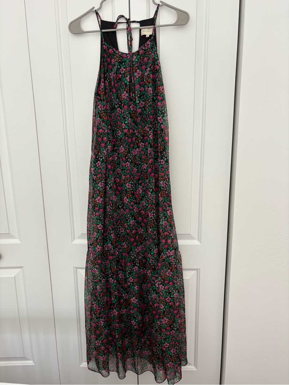 MELLODAY Floral Halter Maxi Dress in Black, Pink, and Green